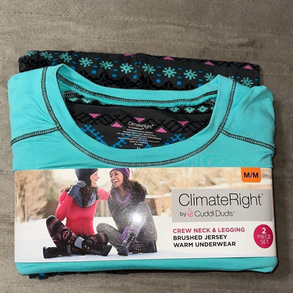 Climate Right M Teal Gray Multi Jersey Crew Neck Long Sleeve Thermal & Leggings